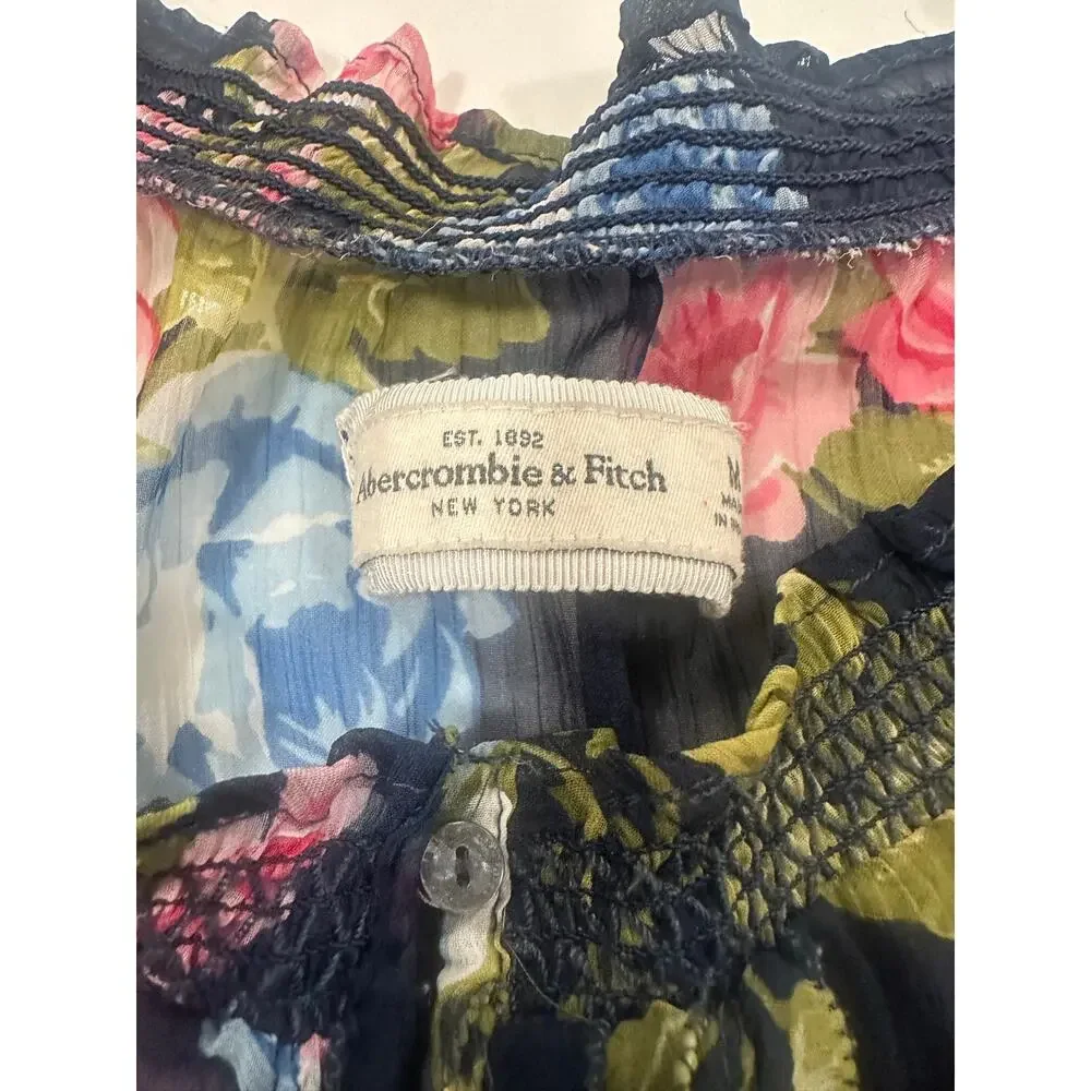 Abercrombie & Fitch Floral Chiffon Blouse M Navy Pink Ruffle Coquette Y2K